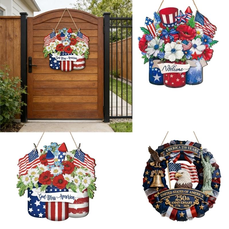 Patriotics Door Decoration Sign 4th of July Wreath for Front Door Hanger Memorial Day Wooden Hanging Sign Wood Plaque