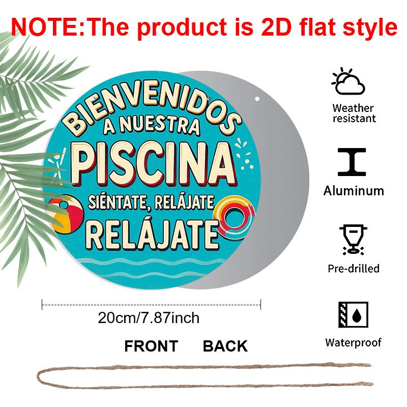 2D Plat, 1 stuk Vintage Spaans Welkom bij het Zwembad Bord - 7,87x7,87 Inch Rond Aluminium Wanddecoratie Geschikt voor Zwembadgebieden, Strandhuizen, Resorts