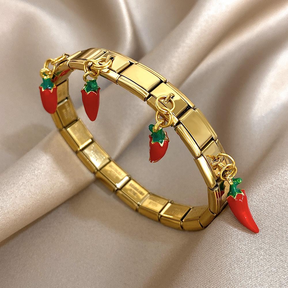 

New Stainless Steel Strawberry Pepper Cherry Pendant Elastic Bangles Bracelets Fashion Women s Men Adjustable Waterproof Jewelry