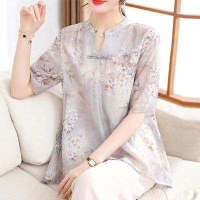 Mom's Summer Outfit, New Short Sleeved Chiffon Shirt,Fashionable Set, Middle-aged and Elderly Women's T-shirt, Upper Garment
