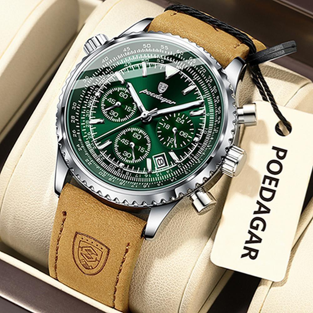 POEDAGAR Military Luxury Men Watch Date Chronograph Waterproof Luminous Top Man Wristwatch Leather Men's Quartz Watches