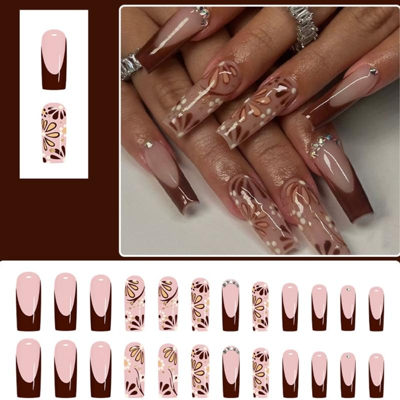 24PCS Shining Press On Nail French Floral Pattern Decoration Long Coffin False Nail Easy Application