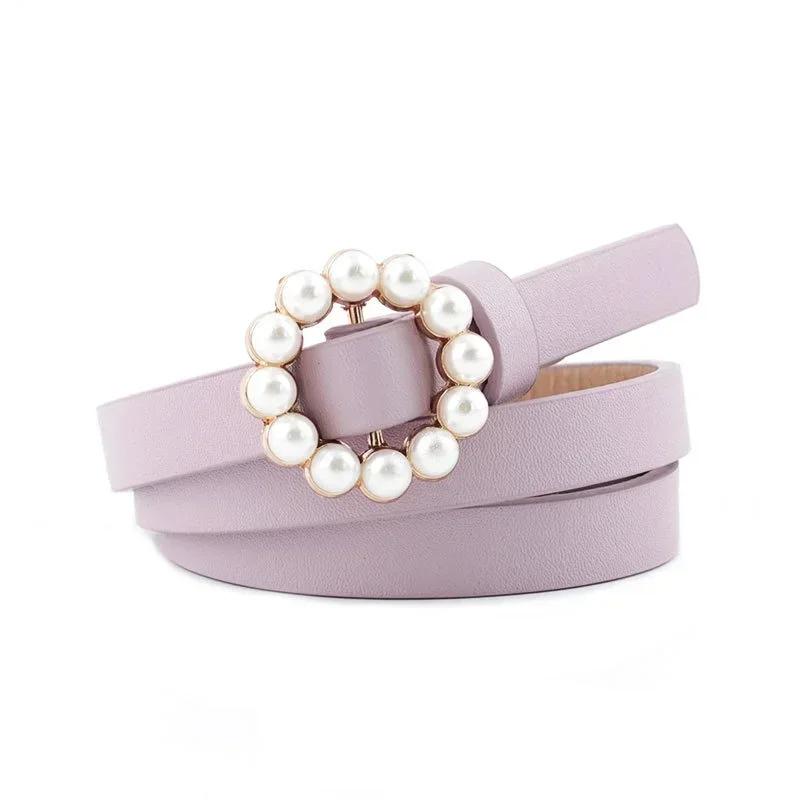 New Korean Fashion Versatile Women's Smooth Buckle Belt with Round Inlaid Decoration Pearl Belt Women's Clothing Accessories