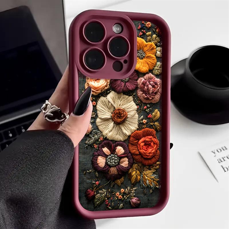 Retro Embroidery-Look Floral Print Phone Case Phone Case For iPhone 17 16 15 Pro Max 14 13 12 11 XS X XR 7 8 Plus 16E Air Cover