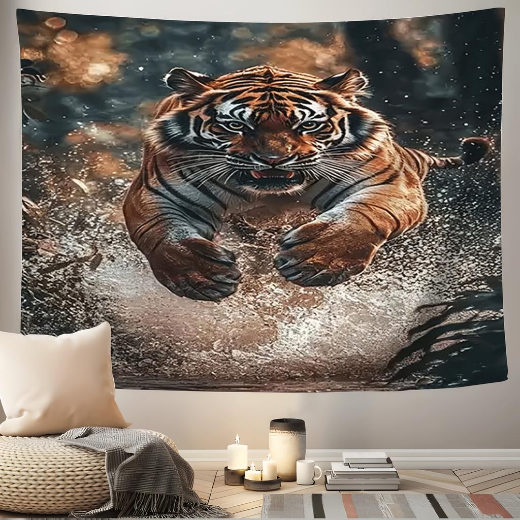 Tiger Galloping Through Forest Digital Printing Polyester Wall Hanging Tapestry Decorative Living Room Office Background Gift