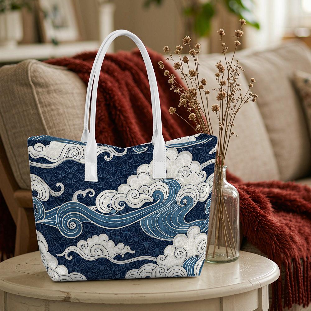 Japanese Wave Print Tote Bag Fashion Casual Large Capacity Shoulder Handbag for Daily Use