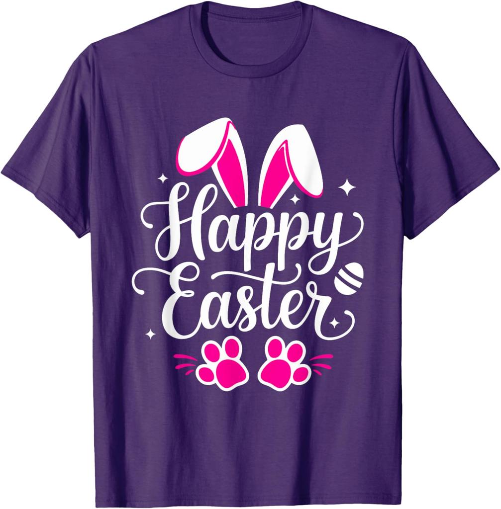 Happy Easter Bunny Paw Print Graphic Tee Casual Short Sleeve T-Shirt Daily Wear