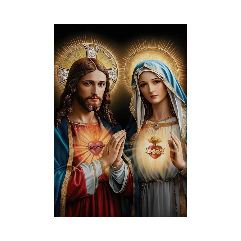 ציור קנבס דתי נוצרי של ישו ומרים הבתולה, לב קדוש, פוסטר אמנותי של ישו הילד הקדוש הקתולי, עיצוב בית נוצרי