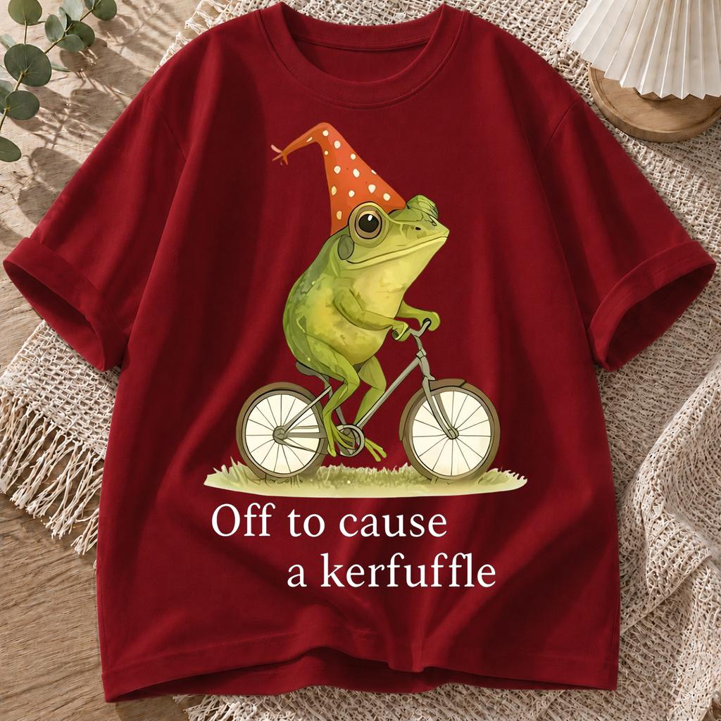 2026 New Pure Cotton Tshirt With Fun And Quirky Cycling Frog Print Summer Casual Loose Round Neck Top