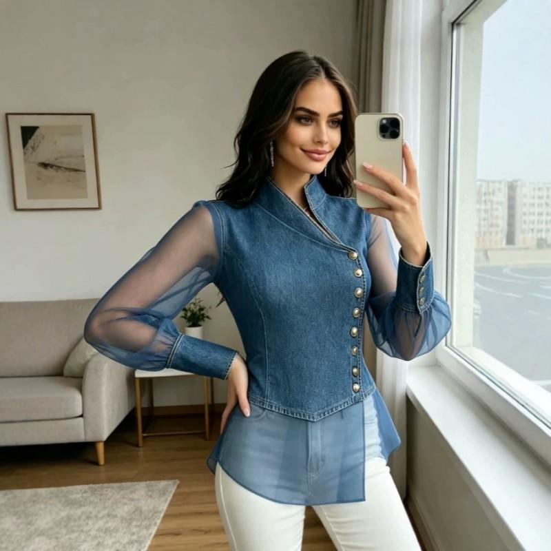 Womens Stand Collar Denim Shirt Mesh Patch Button Fitted Long Sleeve Top