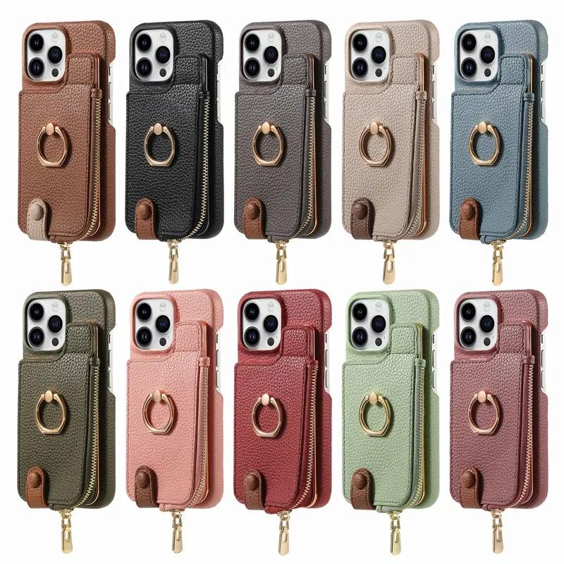 Leather Zipper Wallet with Card Holder Phone Case for IPhone 16E 16 15 14 13 12 11 Pro Max XS XR 7 8 Plus Ring Kickstand Cover