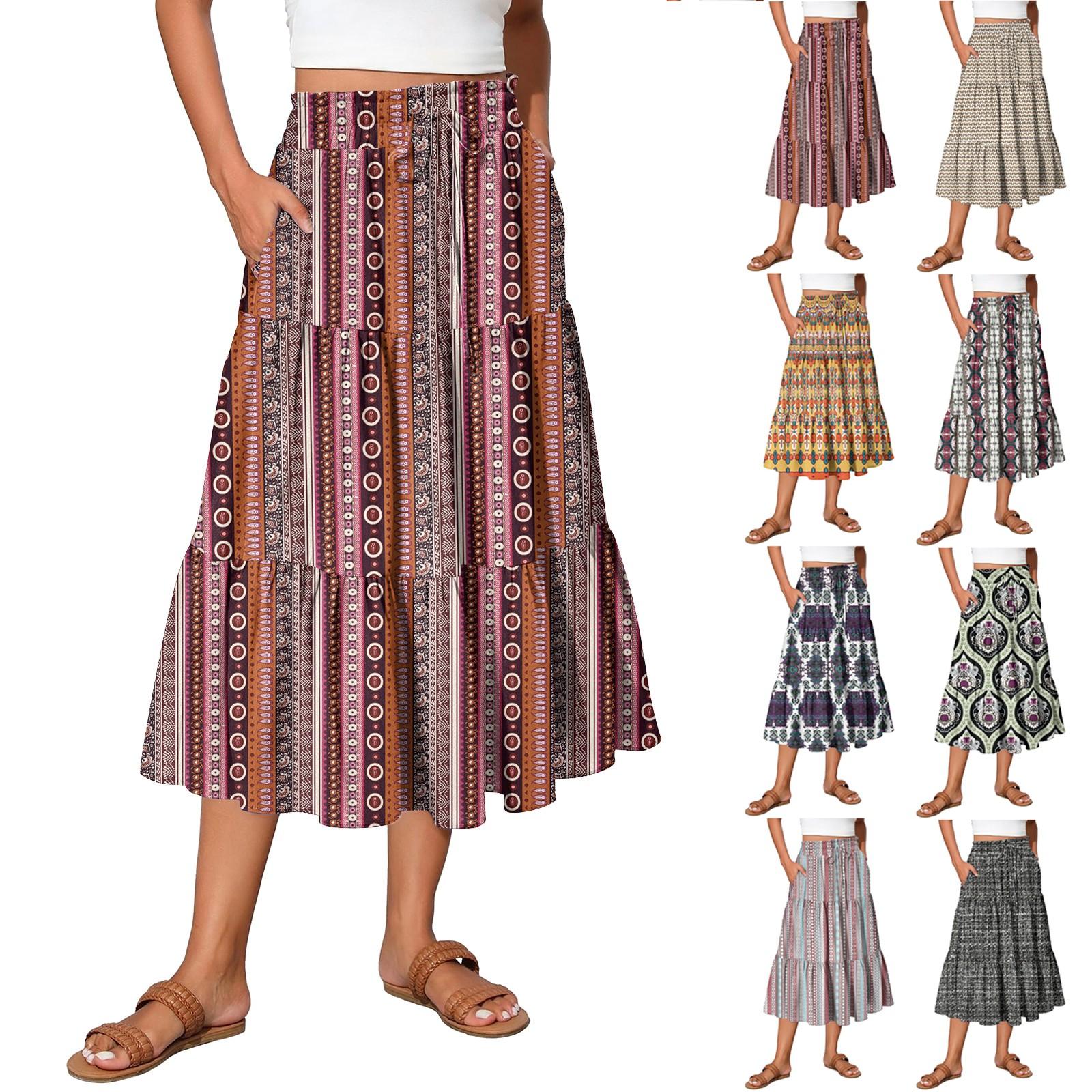 

Womens Maxi Skirt Drawstring High Waisted Summer Long Skirts Lightweight Tiered Flowy Floral Pleated Skirts L бежевий