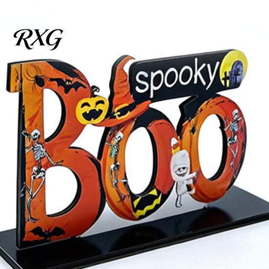 Stable Base Halloween Decor Wooden Tabletop Ornaments, Freestanding Solid Wood Letter Signs, Decorative Table Centerpiece Tiered Tray Decorations with