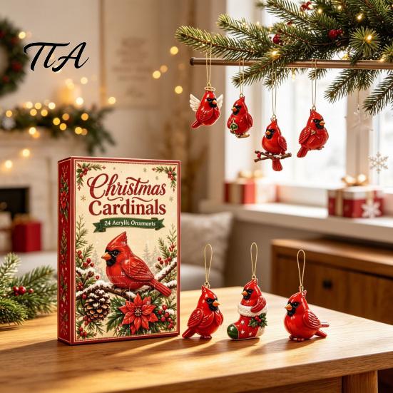 Acrylic Ornament Collection Red Bird Advent Calendar, 24-Day Christmas Countdown Set with Ornaments, 2D Tree Hanging Decor, Holiday Gift for