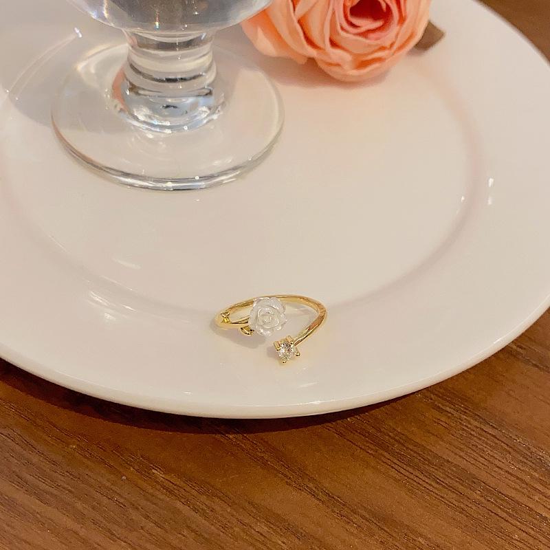 Korean Style Zircon Camellia Adjustable Ring - Fresh Design for Women