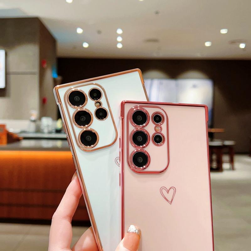 Fashion Love Heart Print Plating Case For Samsung Galaxy S25 Ultra S24 FE S23 A16 A55 A54 A15 A35 Solid Color Soft Shockproof Protection Phone Cover