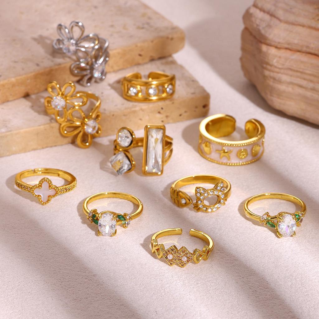Vintage Minimalist Gold Color CZ Rings For Women Cute Cat Cute Hollow-Out Cat Anillos Flower Ring Jewelry Gift Summer Waterproof