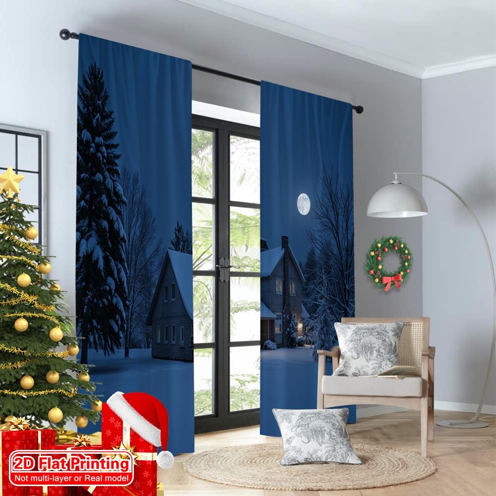 2pcs 2D flat printing Merry Christmas Popular Window Curtains Winter Night Cozy House Fabric Without Electricity Family Party