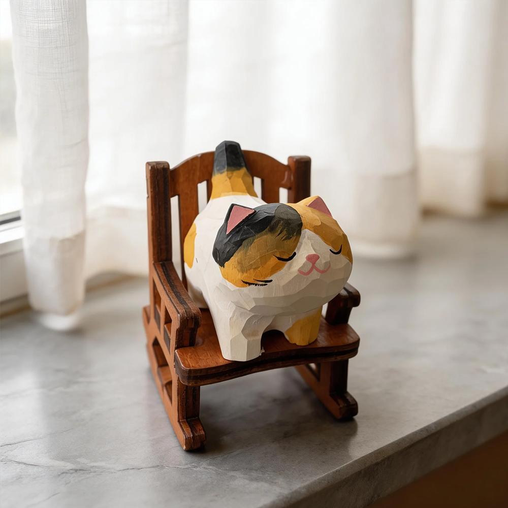 Cute Cat Animals Figurine Decorative Wooden Ornament Miniature Kitten Coffee Home Bedroom Office Desk Decoration Gift Statue