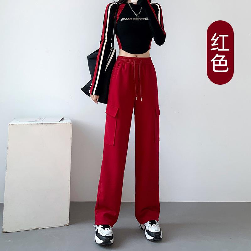 Overalls women's casual sports pants new high-waisted and thin tied feet straight wide-leg pants