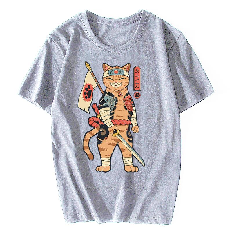 Anime Samurai Cat T Shirt Men Japanese Ukiyo-E Ninja Cat Print T-Shirt Men Cotton Tshirt Fashion Streetwear Harajuku Tees