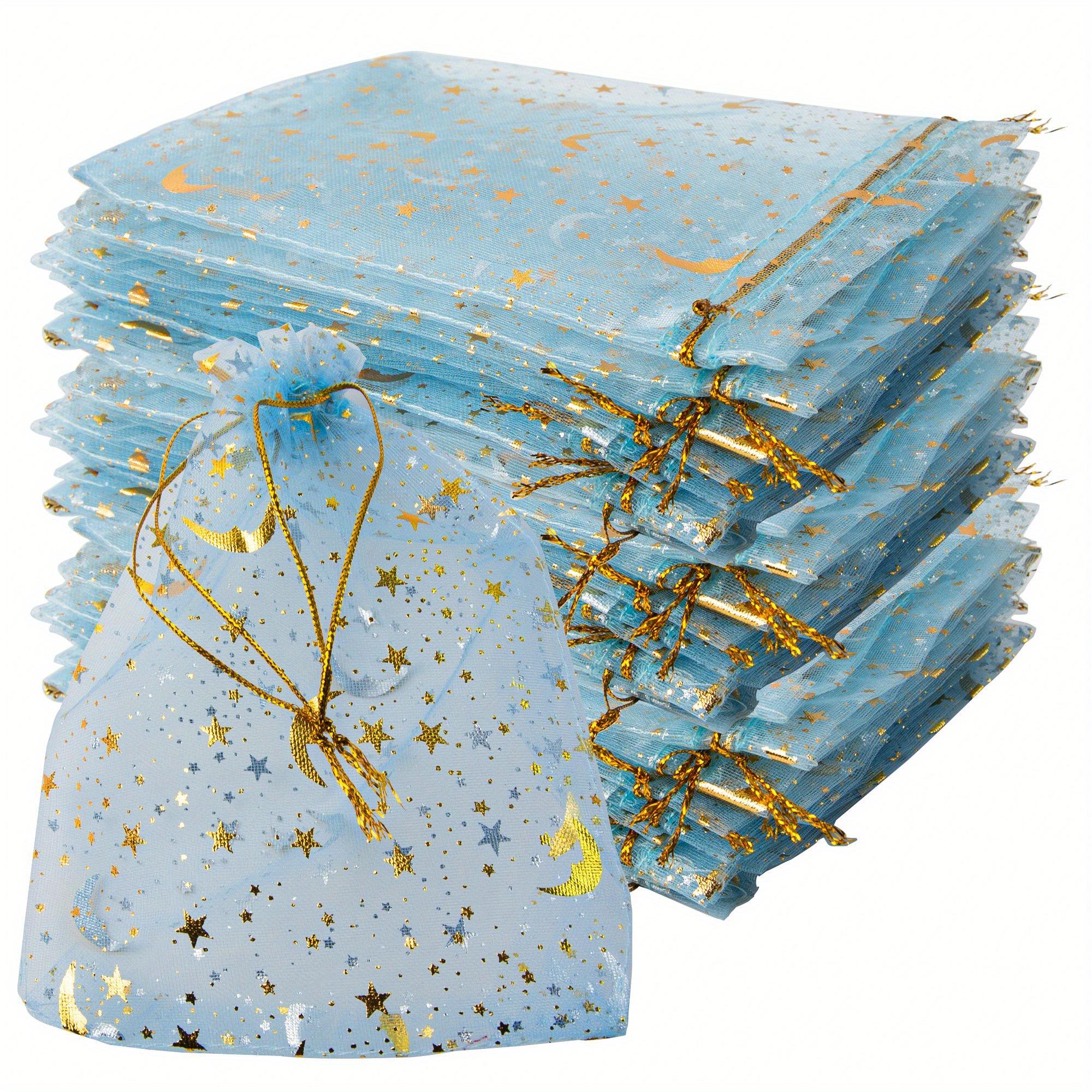 

50 шт. Светло-голубые мешочки из органзы с кулиской с рисунком луны и звезд, подарочные мешочки для ювелирных изделий, мешочки из органзы для рождественской свадебной вечеринки 7x9cm-2.7x3.5in