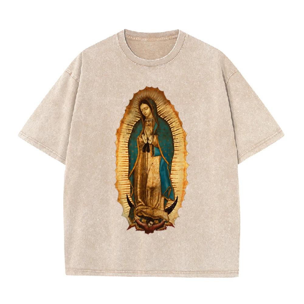 2026 Vintage Washed Black Our Lady Of Guadalupe Graphic T Shirt Retro Religious Portrait Oversized Casual Short Sleeve Tee