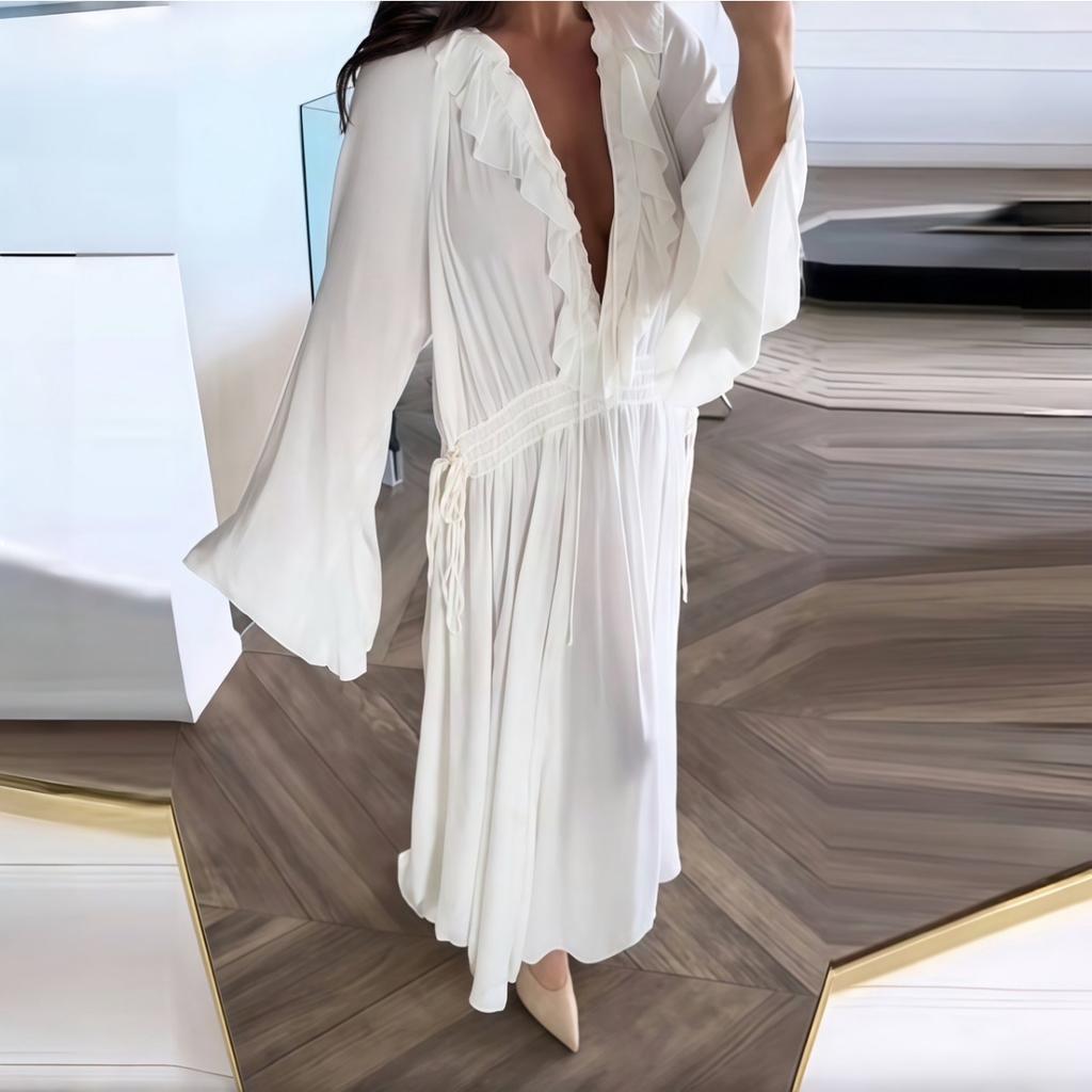 Rochii Lungi Elegante Albe Largi din Gaze Femei Casual Decolteu în V Mânecă Lungă Cloche Robe Lungi Noi Femei Rochie de Birou High Street