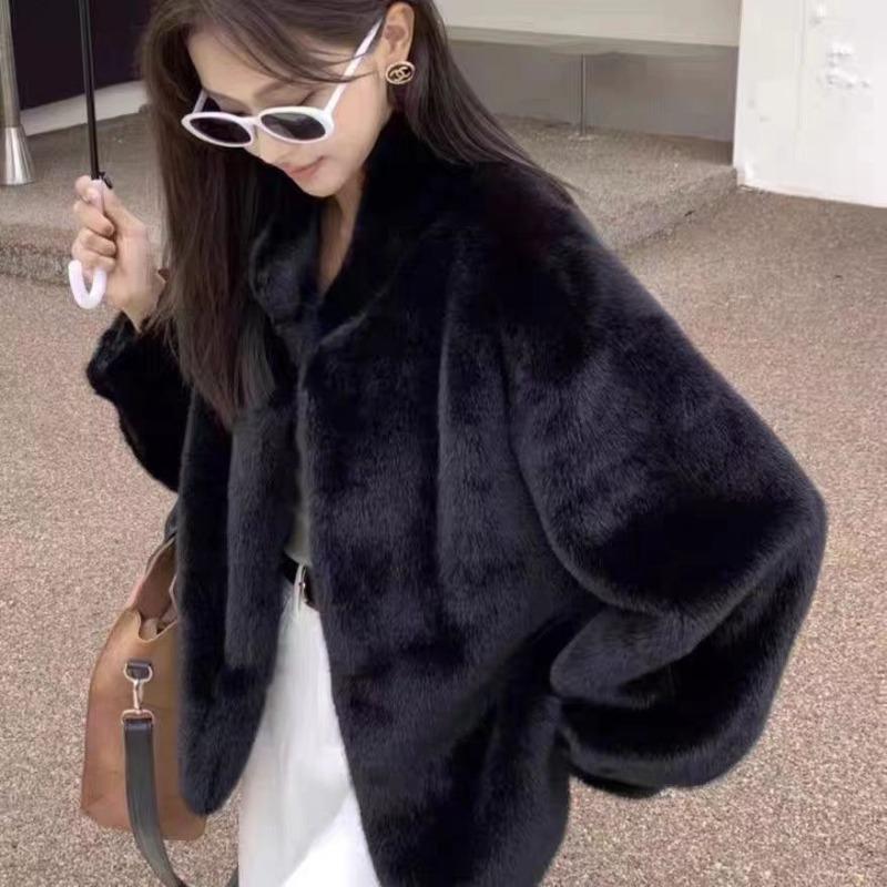 Small wool sweater loose stand collar contoured plush jacket short imitation mink plush thick coat women's autumn and winter