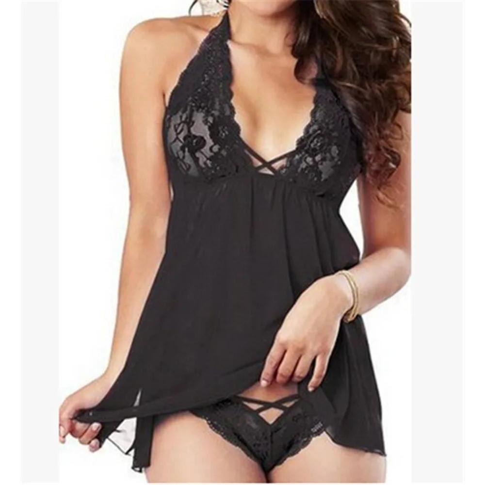 Sexy Clothes for Women Lingerie Lace See Through Nightdress Babydoll Porno Deep V Mesh Dress Panties Underwear Erotic Clothing