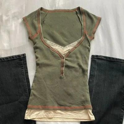 VAYLA Y2k Clothes T-shirt Harajuku Korea Y2k 90s Goth Punk Vintage Crop Top Summer Fake 2 Pieces Slim Lace Hot Girl Tee Emo Grunge Chic