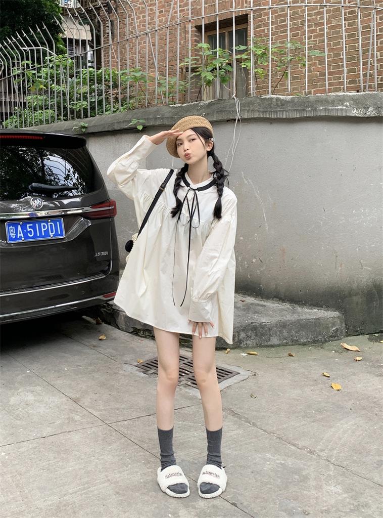 Large Size Women's Clothing Fat Mm Korean Sweet Loose Design Feeling Contrasting Color Lace-up Age-reducing Doll Long-sleeved Dress Women