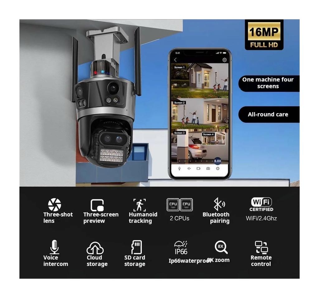 Three Lens Security Camera Outdoor, Outside Cameras for Home Security with Cord, IP66 Waterproof, AI Tracking, Light Alarm, Color Night, 2-Way Talk