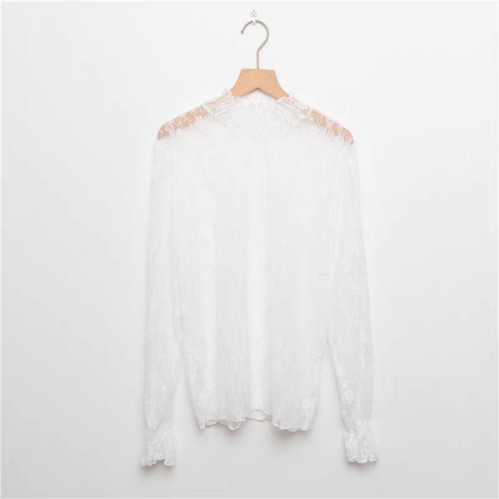 Dot Lace Flower Top Half High Collar Long Sleeved Mesh T-Shirts Transparent Pullover Top  Summer
