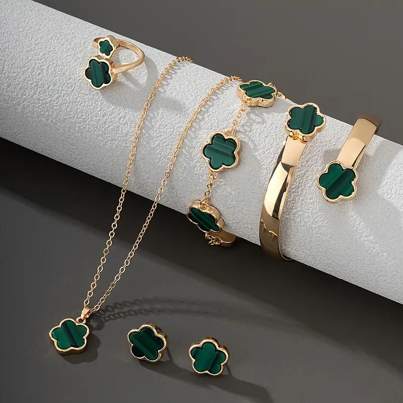 Temu Hot Selling Lucky Flower Jewelry Set: Acrylic Bracelet, Five-Leaf Clover Necklace, Ring, Earrings for Women