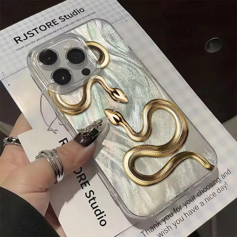 

Gold Snake Print Case For iPhone 16 15 14 13 12 11 Pro Max XS X XR 8 7 Plus 16E Feather Chiffon Texture Silver Plated Cover iPhone XR