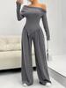 Elegant One-Shoulder Solid Color Two-Piece Set with Irregular Long Sleeve & Wide-Leg Pants for Women