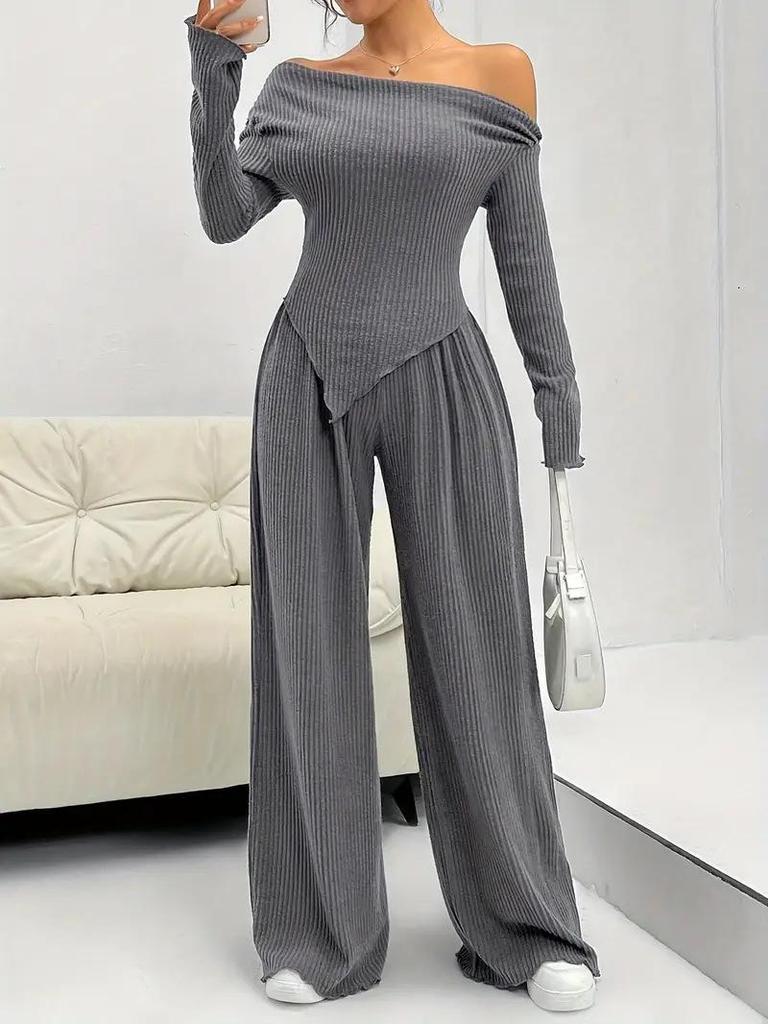 Elegant One-Shoulder Solid Color Two-Piece Set with Irregular Long Sleeve & Wide-Leg Pants for Women
