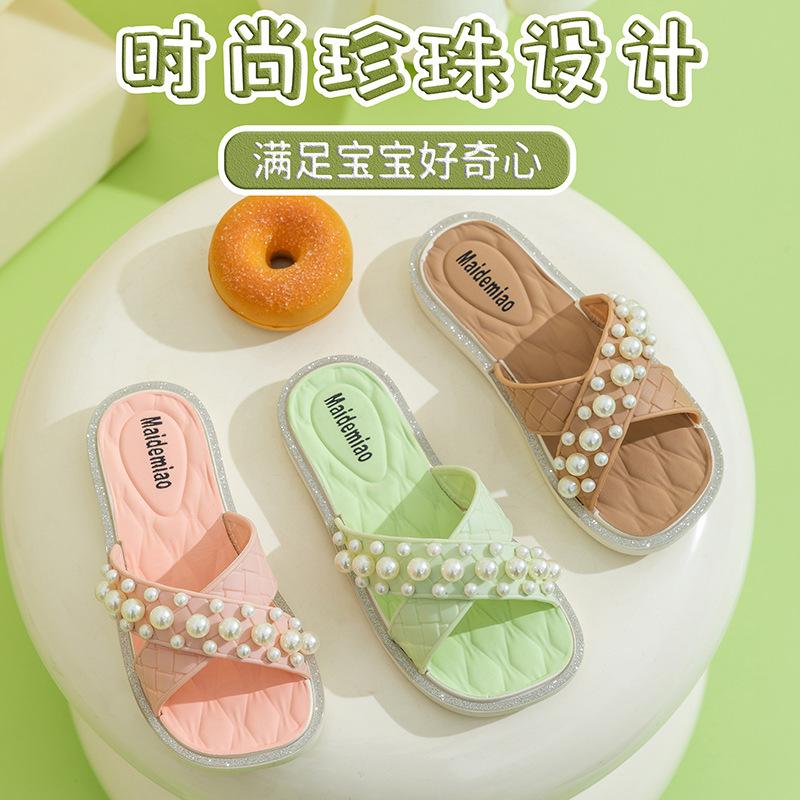 

Children s slippers new fashion pearl chain summer wear non-slip girls indoor soft bottom princess style sandals 24-25 [Suitable for foot length 15.5cm]