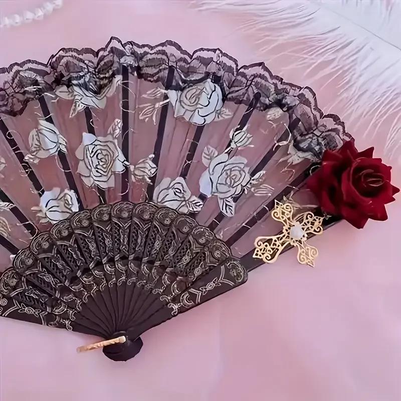 Vintage Spanische Flamenco Rose Spitze Handfächer Elegant Schwarz Faltbar Party Hochzeit Fächer 1 Stück/2 Stück Option für Besondere Anlässe