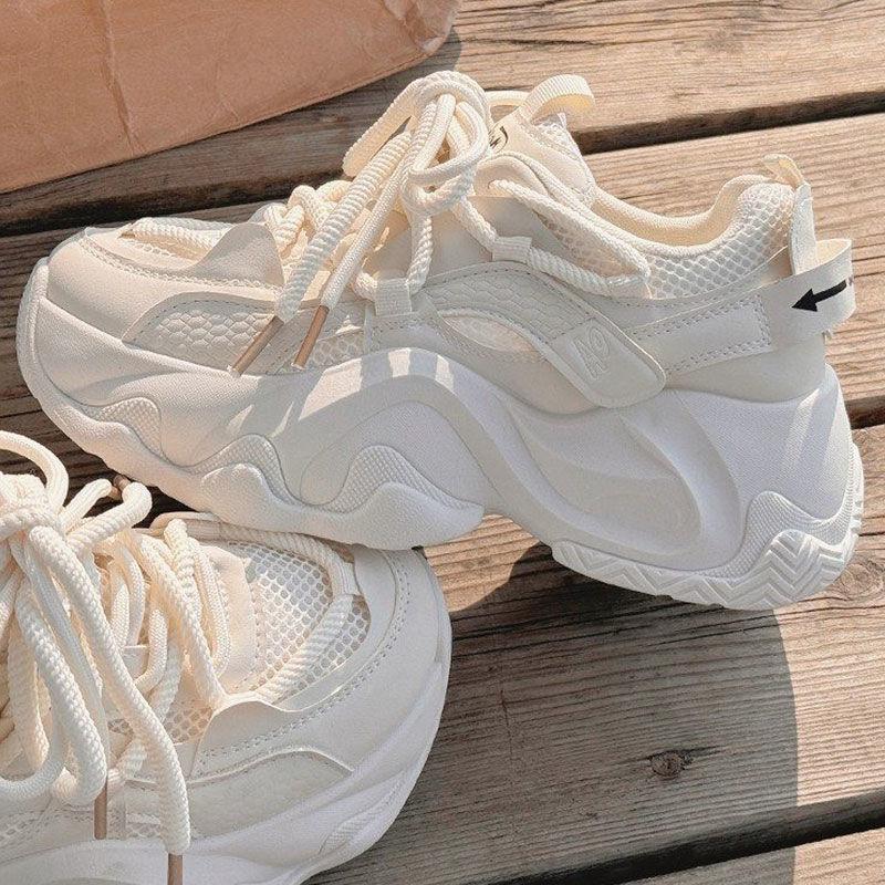 Fashion Spring Summer Thick Women Vulcanized Shoes Mesh Breathable Comfortable Sports Shoes Women Platform Shoes Casual Beige Sneakers