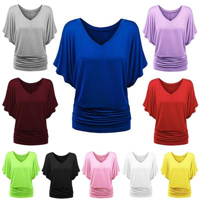 T-shirt ampia da donna alla moda taglie forti con scollo a V, maniche a pipistrello, orlo piegato