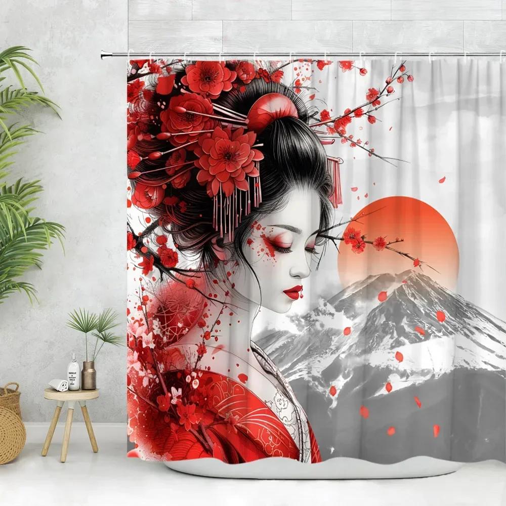 Exquisite Oriental Art Shower Curtain - Geisha, Cherry Blossom & Panda Designs for Unique Bathroom Décor, Waterproof & Easy Care