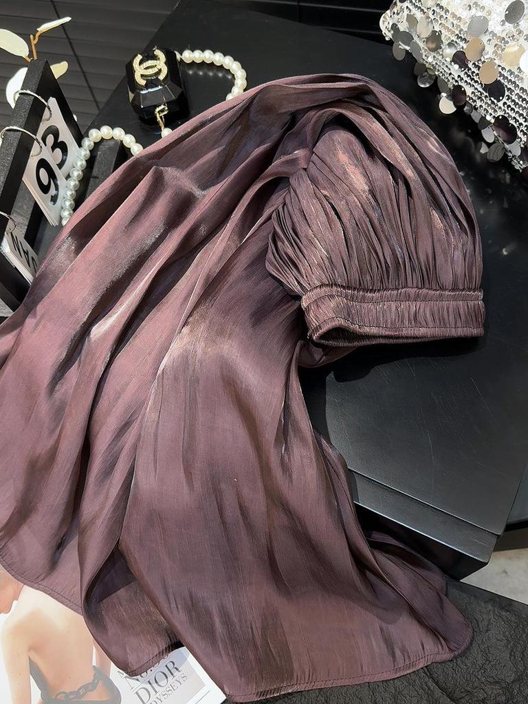 High-Waisted Retro Pleated A-Line Chiffon Skirt with Pearlescent Sheen