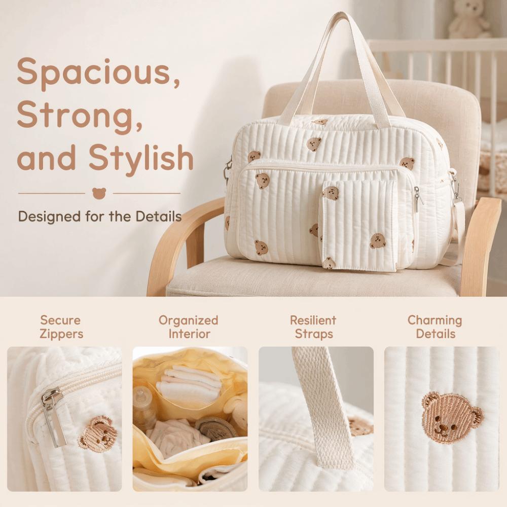 Kleiner Bär Gestickt Baby Wickeltasche Leicht Großes Fassungsvermögen Mama Tasche Praktisch mit Schultergurt Handtasche