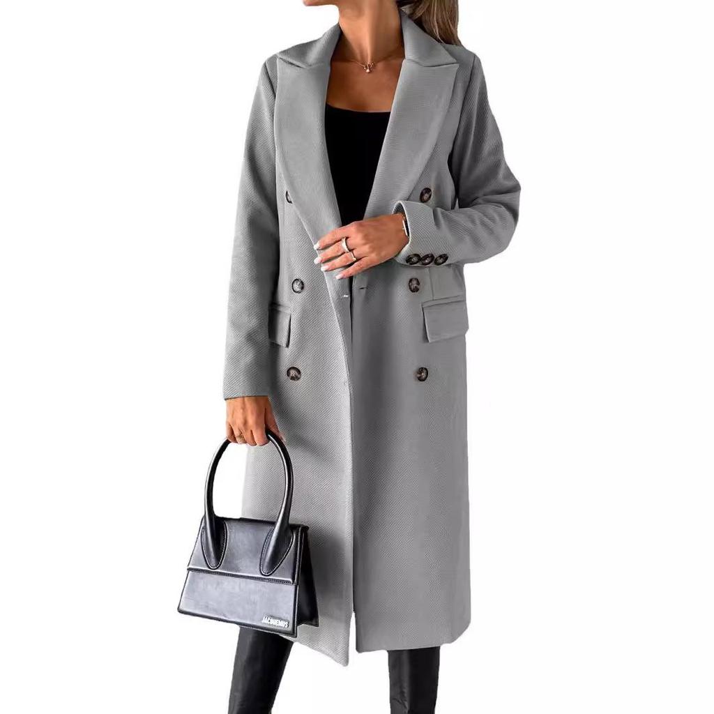 Women's Spring 2025 Versatile Woolen Double-Breasted Long Sleeve Coat with Welt Pockets