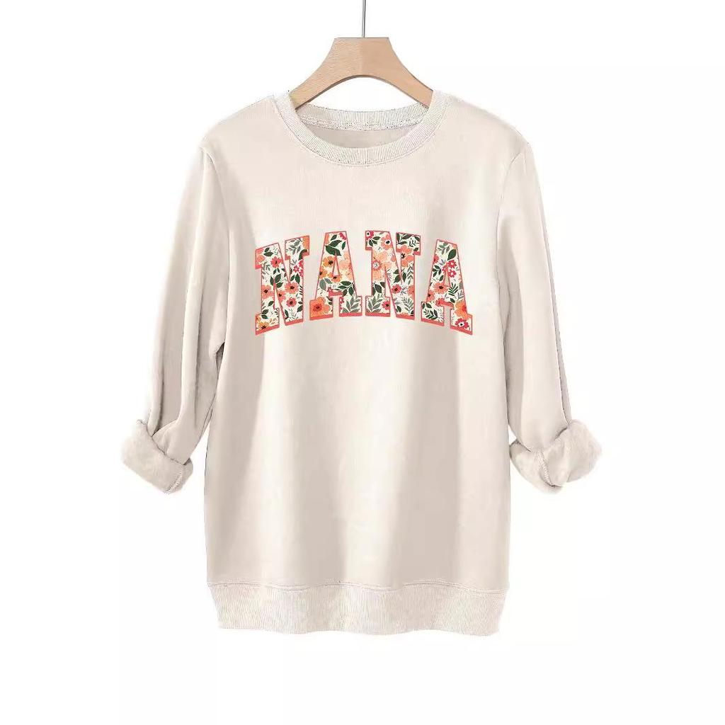 European Style Floral Grass Pattern Thick Warm Hoodie - Women's Round Neck Long Sleeve
