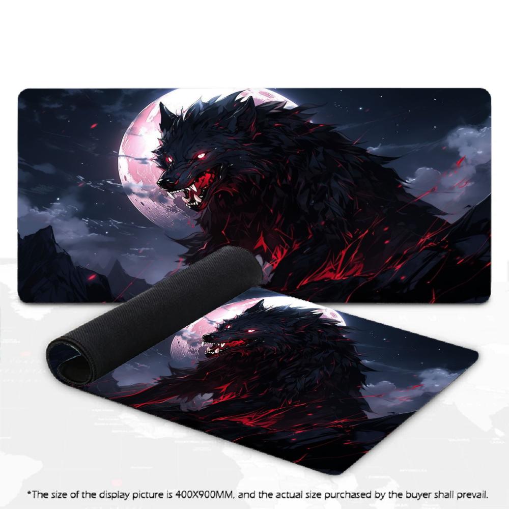 Dark Wolf XXL Gaming Mouse Pad Red Flame Blood Moon Deskmat Non-Slip Rubber Keyboard Mat Anime Large Computer Gamer Mousepad