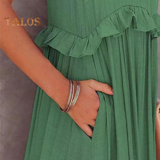 Γυναικείο καλοκαιρινό φόρεμα με βολάν, λαιμόκοψη αμάνικο, χαλαρό, μονόχρωμο, πτυχωτό φόρεμα για διακοπές στην παραλία