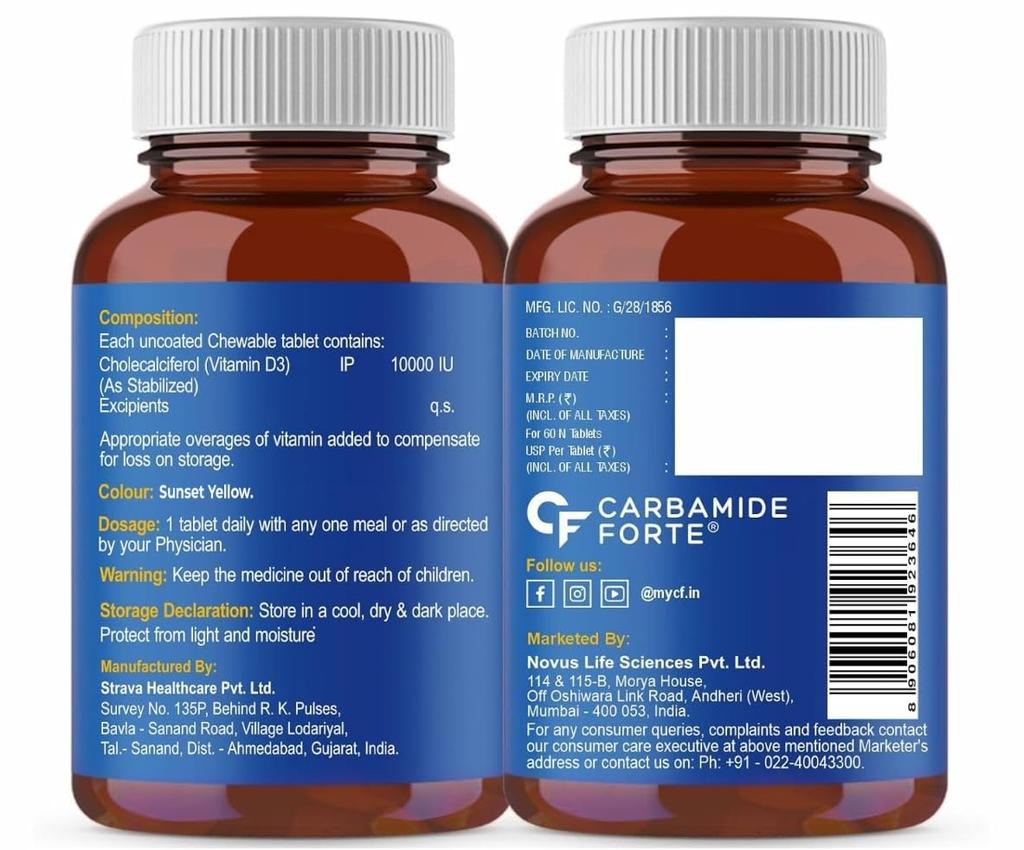 Carbamide Forte Chewable Vitamin D3 10000 IU Tablets 60 Pack for Bone Health and Immunity Support